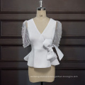 Summer Short Sleeve Ruffle Peplum Tops Mesh Beading White Women Blouses